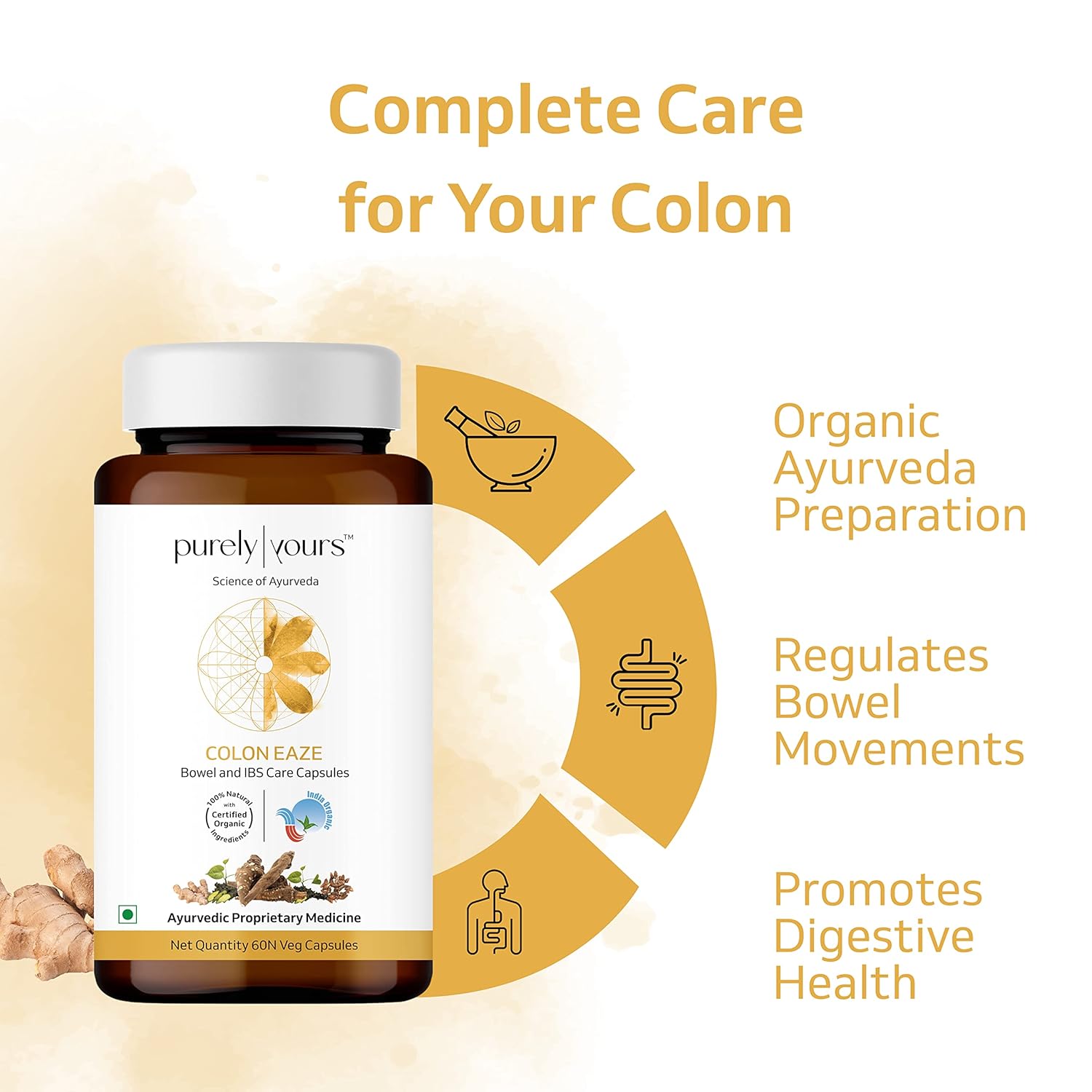 Purely Yours Colon Eaze | Bowel and IBS Care Capsules | Regulates Bowel Movements | Promotes Digestive Health | 60 Veg Capsules
